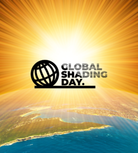 Sun shining on earth with Global Shading Day logo.